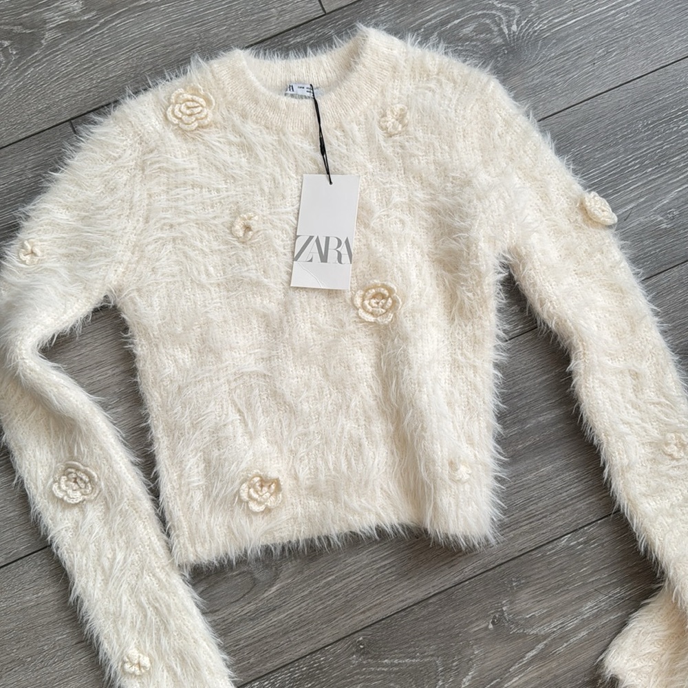 Zara Cream Fuzzy Floral Appliqué Sweater